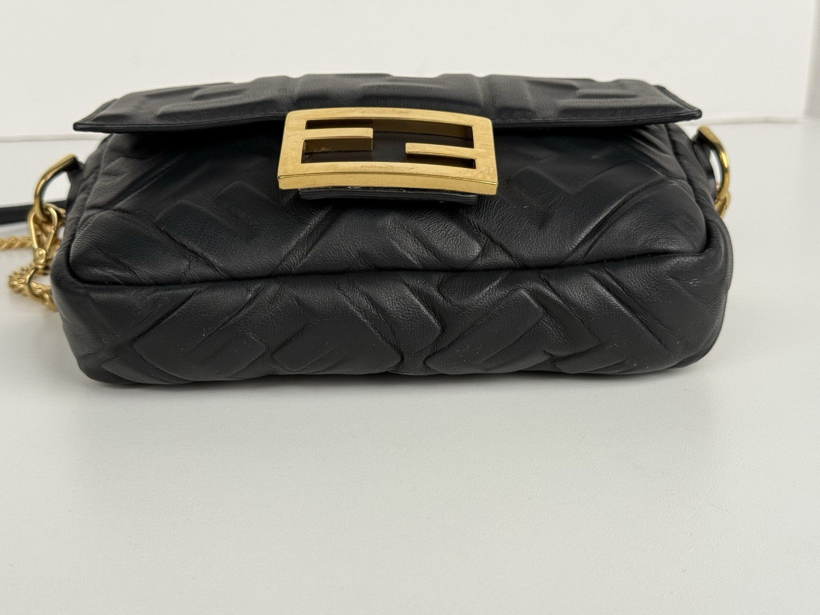 Fendi Mini Zucca Embossed Black Leather Baguette Satchel