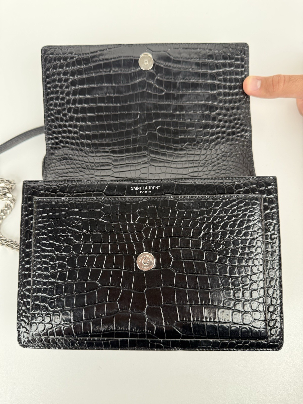 Saint Laurent Sunset Black Shiny Crocodile Embossed Leather Shoulder Bag