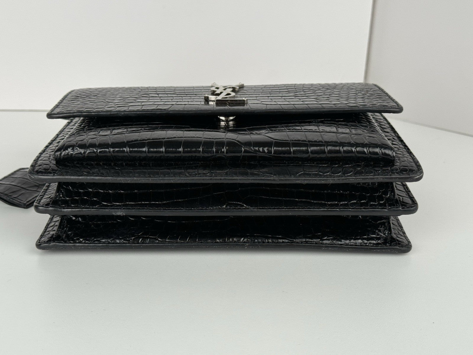 Saint Laurent Sunset Black Shiny Crocodile Embossed Leather Shoulder Bag
