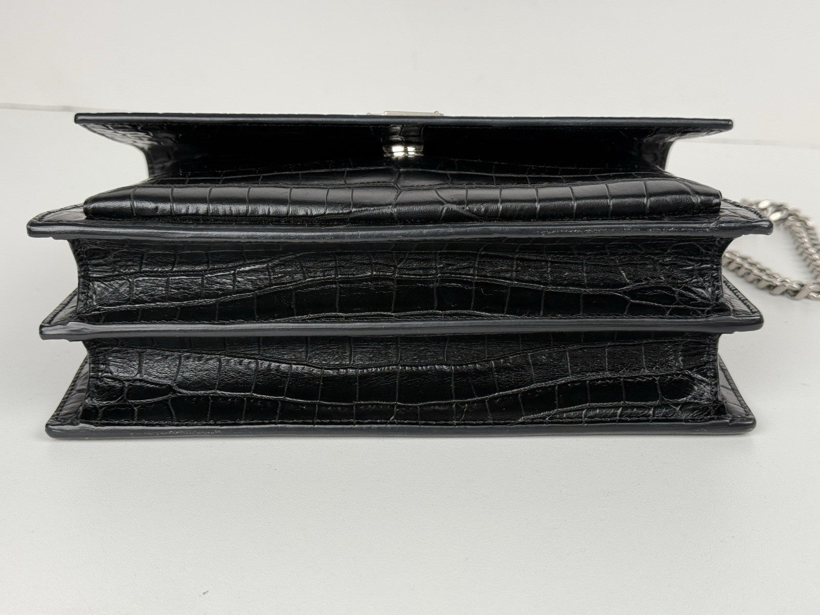 Saint Laurent Sunset Black Croc Leather Medium Chain Shoulder Bag