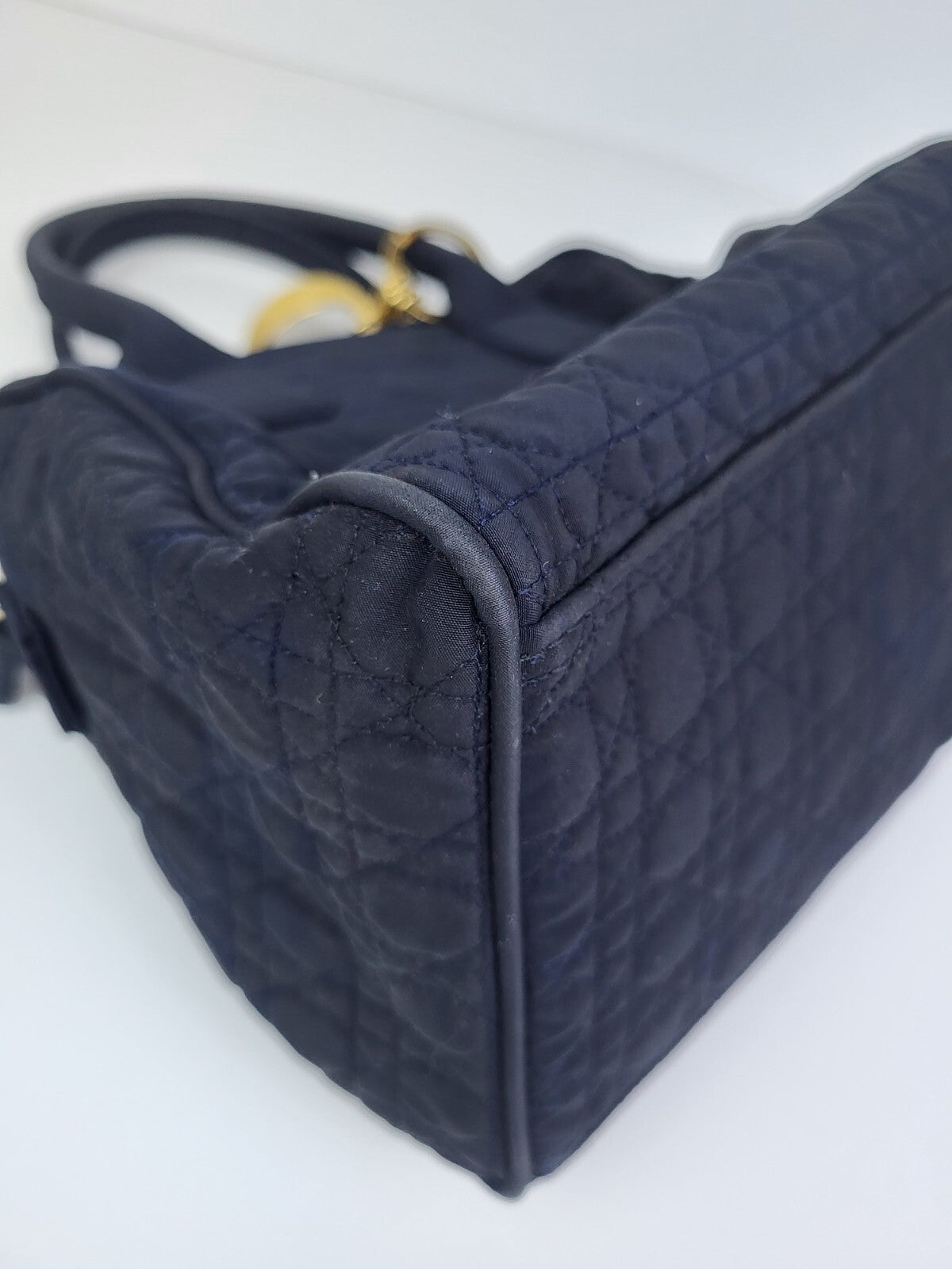 Dior Cannage Fabric Vintage Satchel Bag Navy Blue 