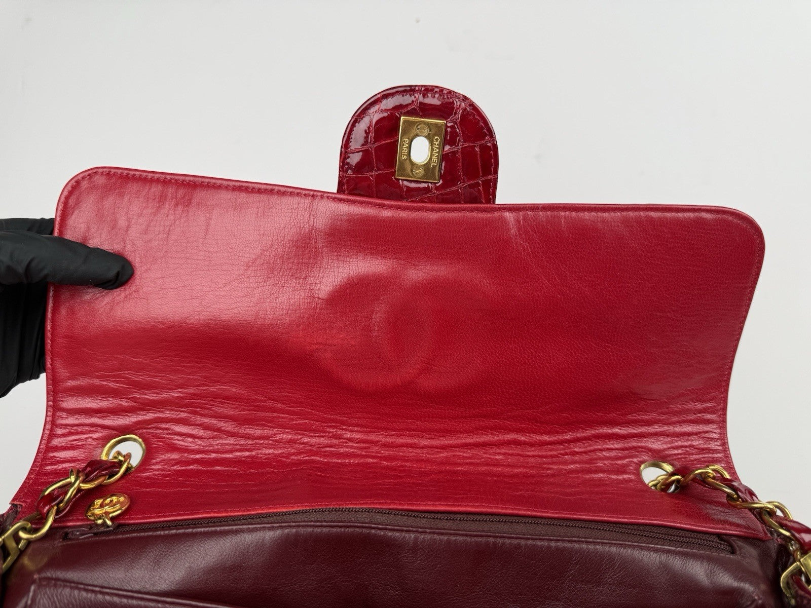 Chanel Vintage Patent Embossed Red Leather Flap Bag Maxi