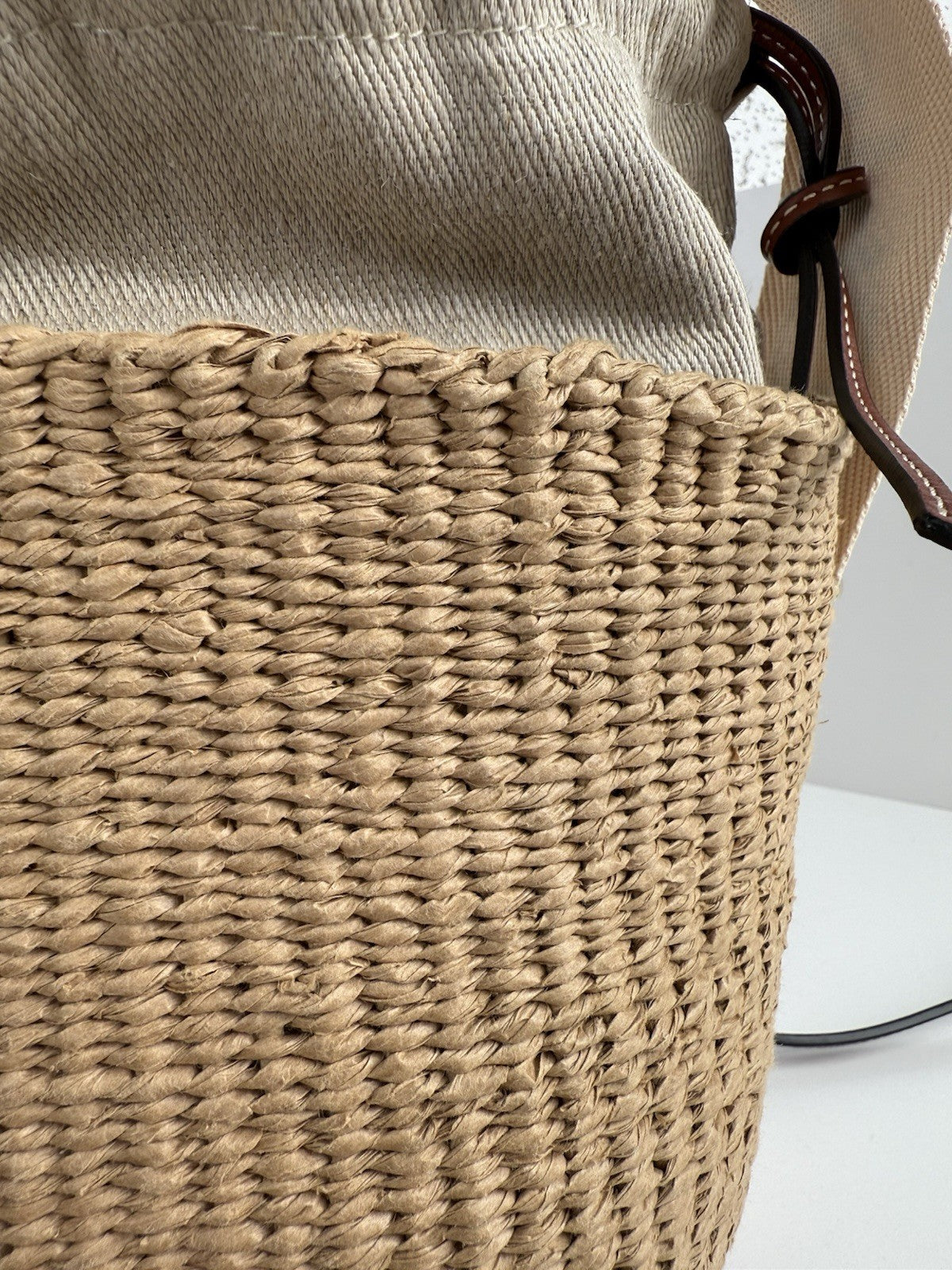 CHLOE Woody Small Raffia Basket Shoulder And Hand Bag 2 Way Canvas Leather