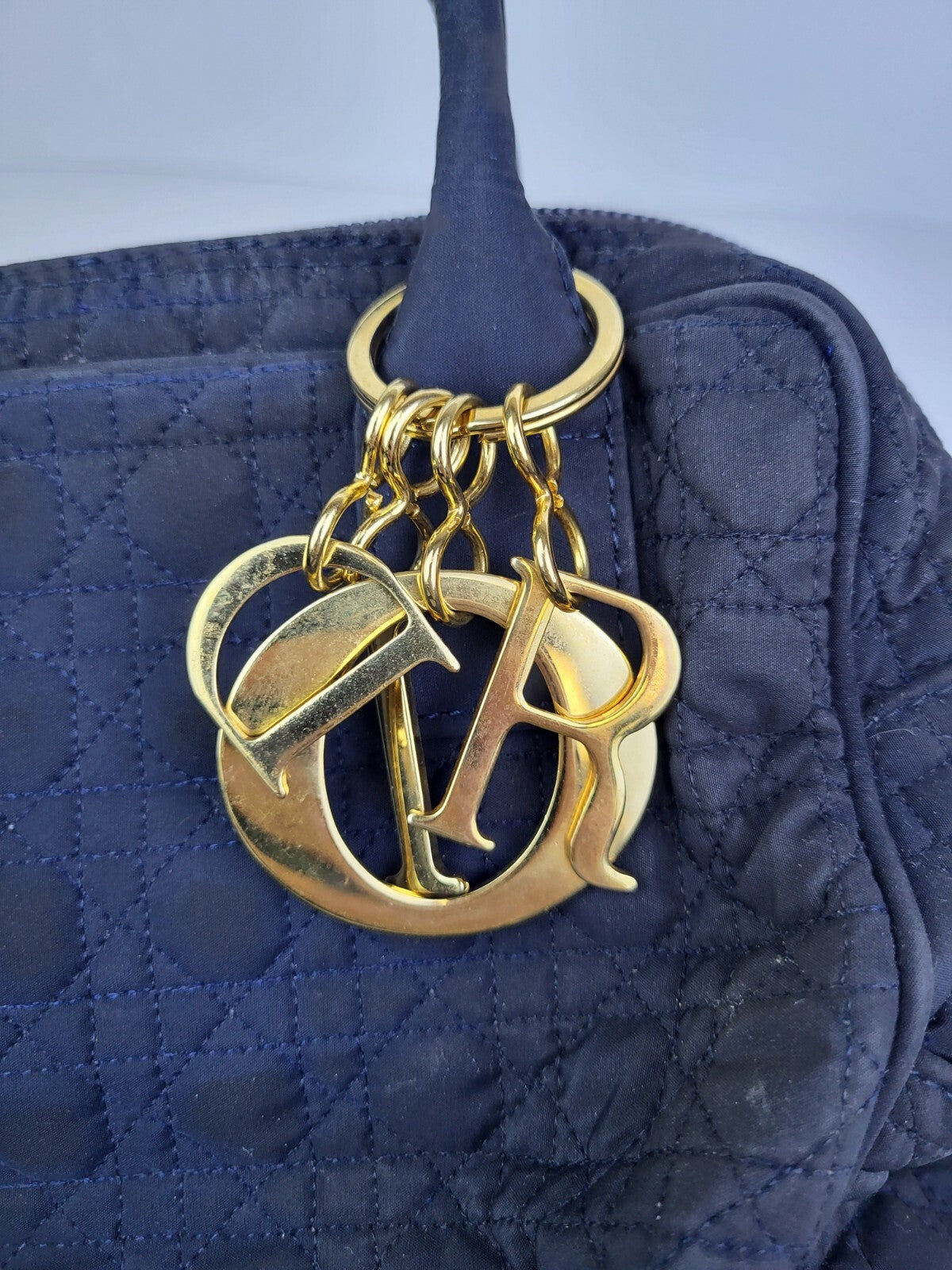 Dior Cannage Fabric Vintage Satchel Bag Navy Blue 