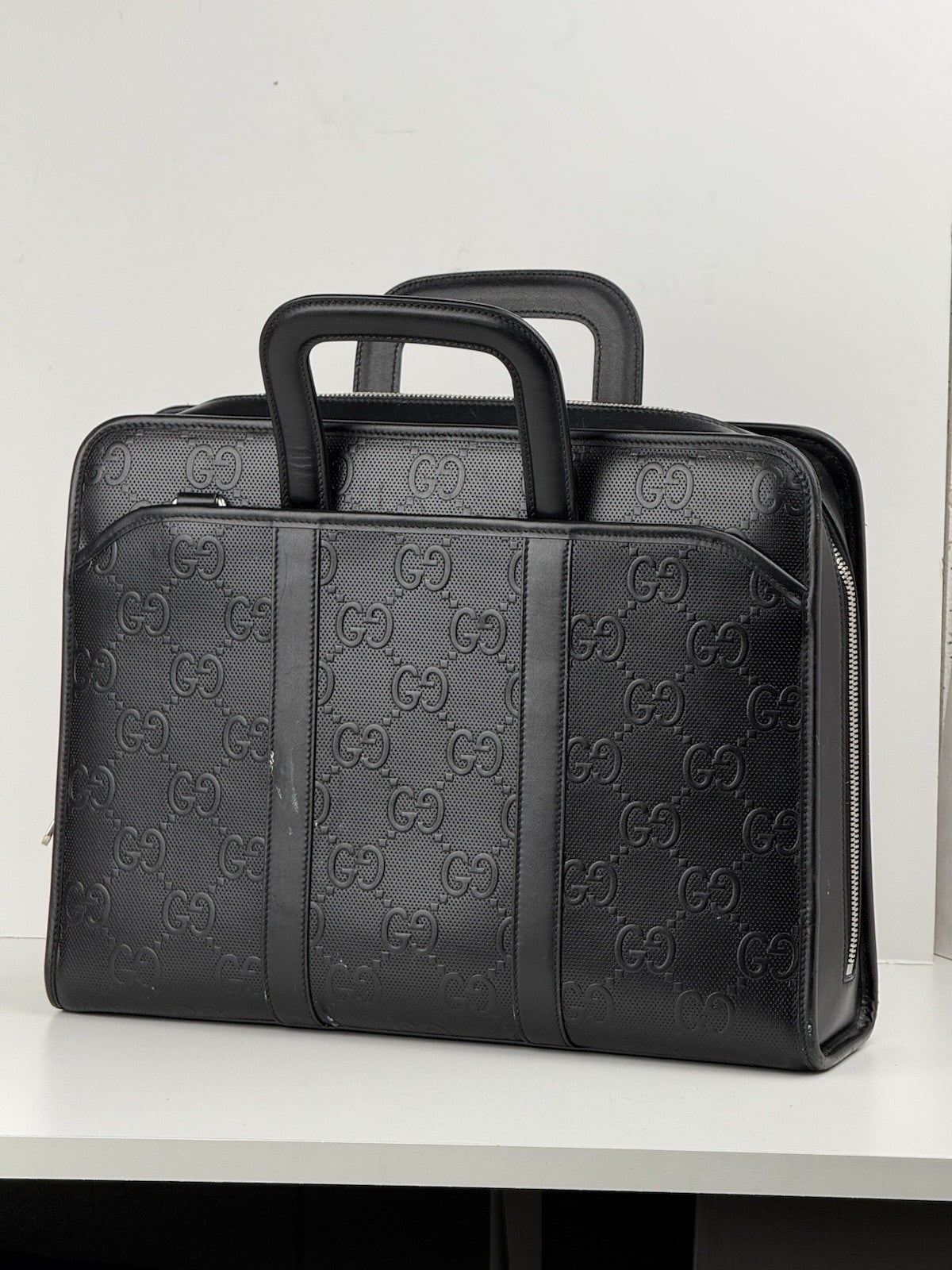 GUCCI Embossed Black Leather Briefcase Bag