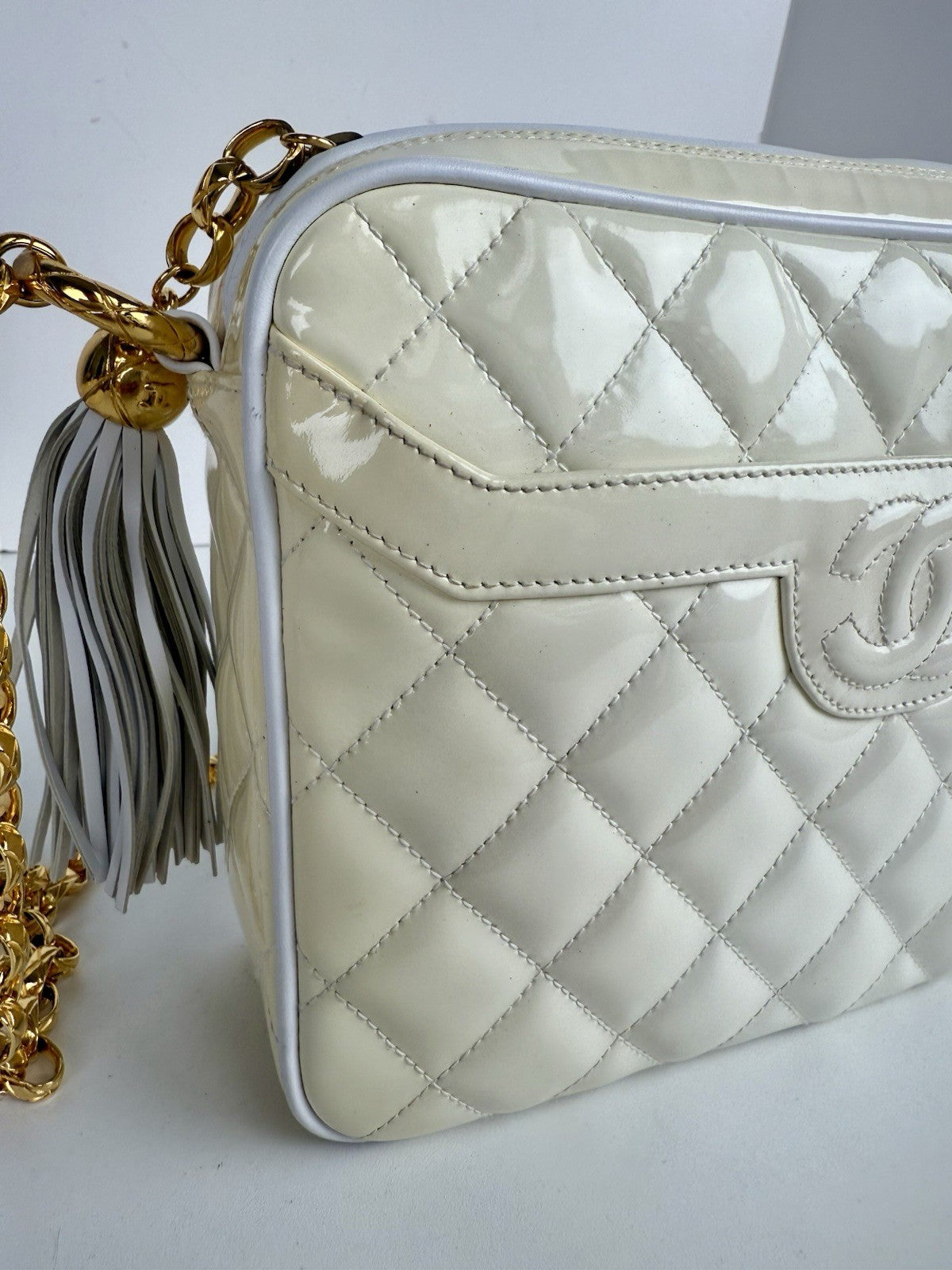 Chanel  Quilted Patent Cream Leather Camera Bag