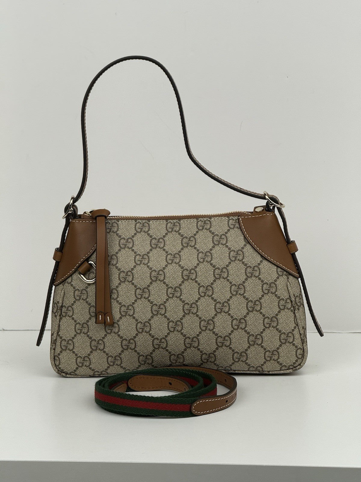 Gucci GG Supreme Monogram Textured Calfskin Emblem Shoulder Bag Beige Dark Brown