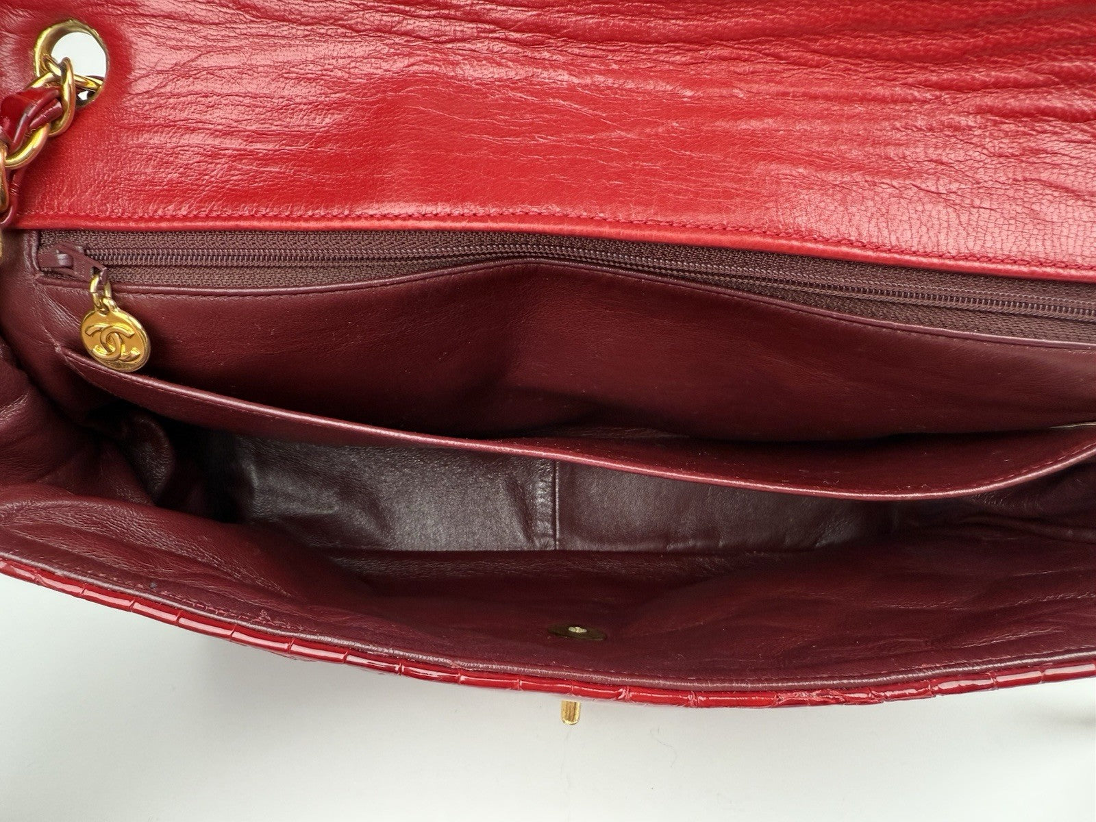 Chanel Vintage Patent Embossed Red Leather Flap Bag Maxi