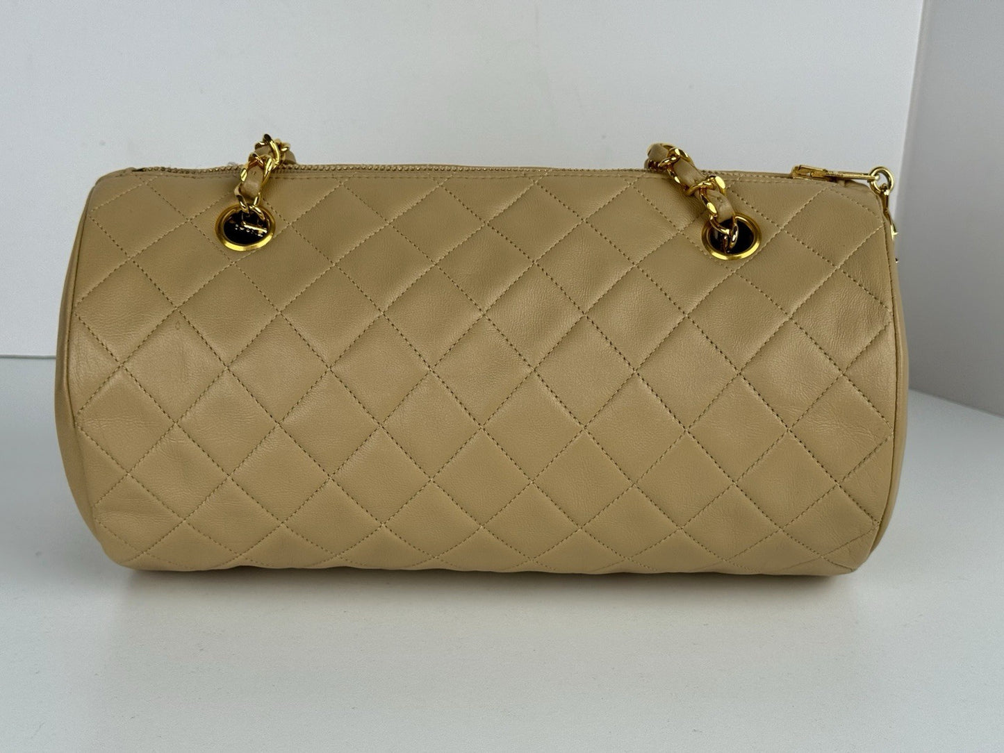 Chanel Tube Bag Quilted Round Beige Leather Shoulder Purse Gold Tone