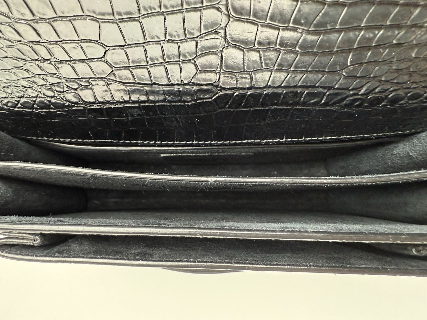 Saint Laurent Sunset Black Shiny Crocodile Embossed Leather Shoulder Bag