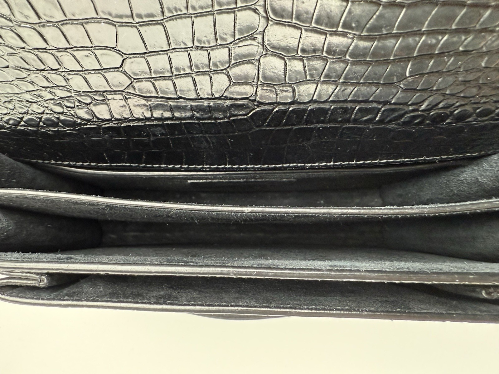Saint Laurent Sunset Black Shiny Crocodile Embossed Leather Shoulder Bag
