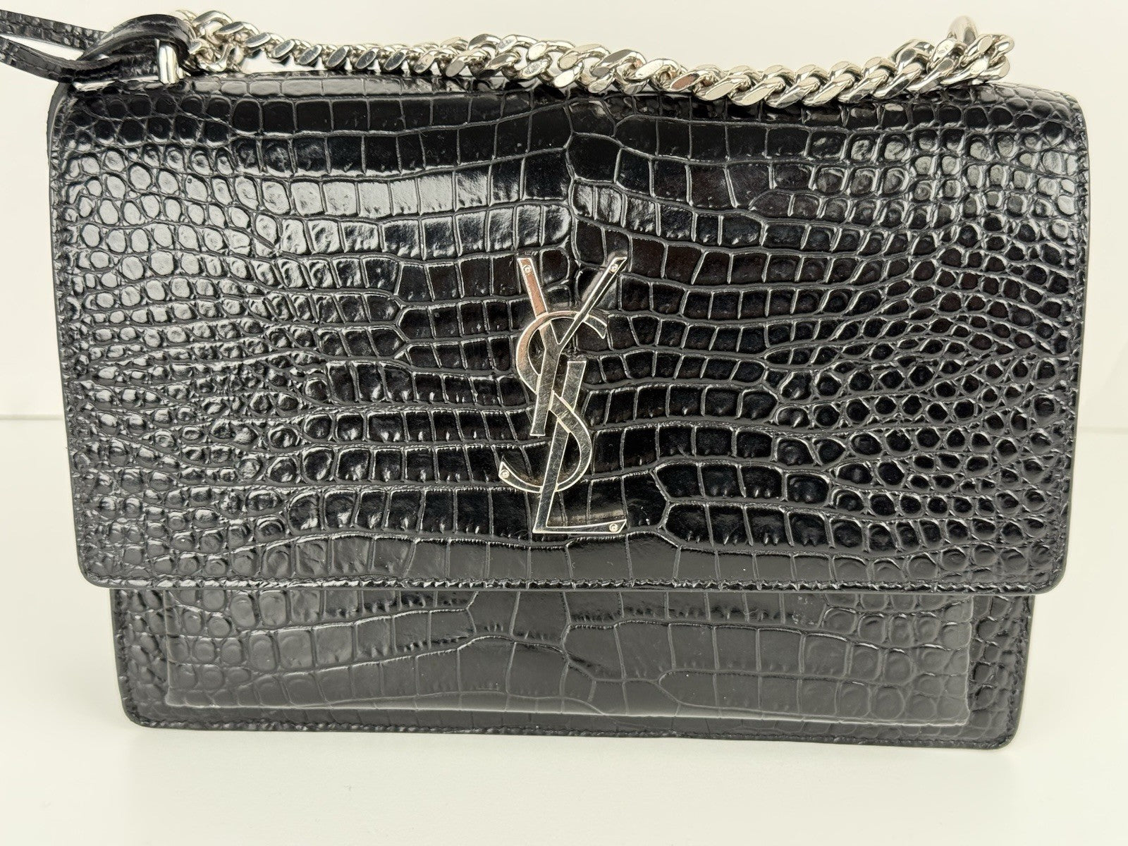 Saint Laurent Sunset Black Shiny Crocodile Embossed Leather Shoulder Bag