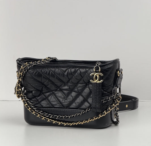 Chanel Gabrielle Aged Calfskin Quilted Small Hobo Black Shoulder Bag