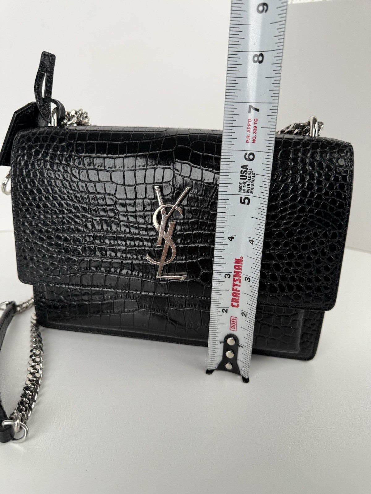 Saint Laurent Sunset Black Shiny Crocodile Embossed Leather Shoulder Bag