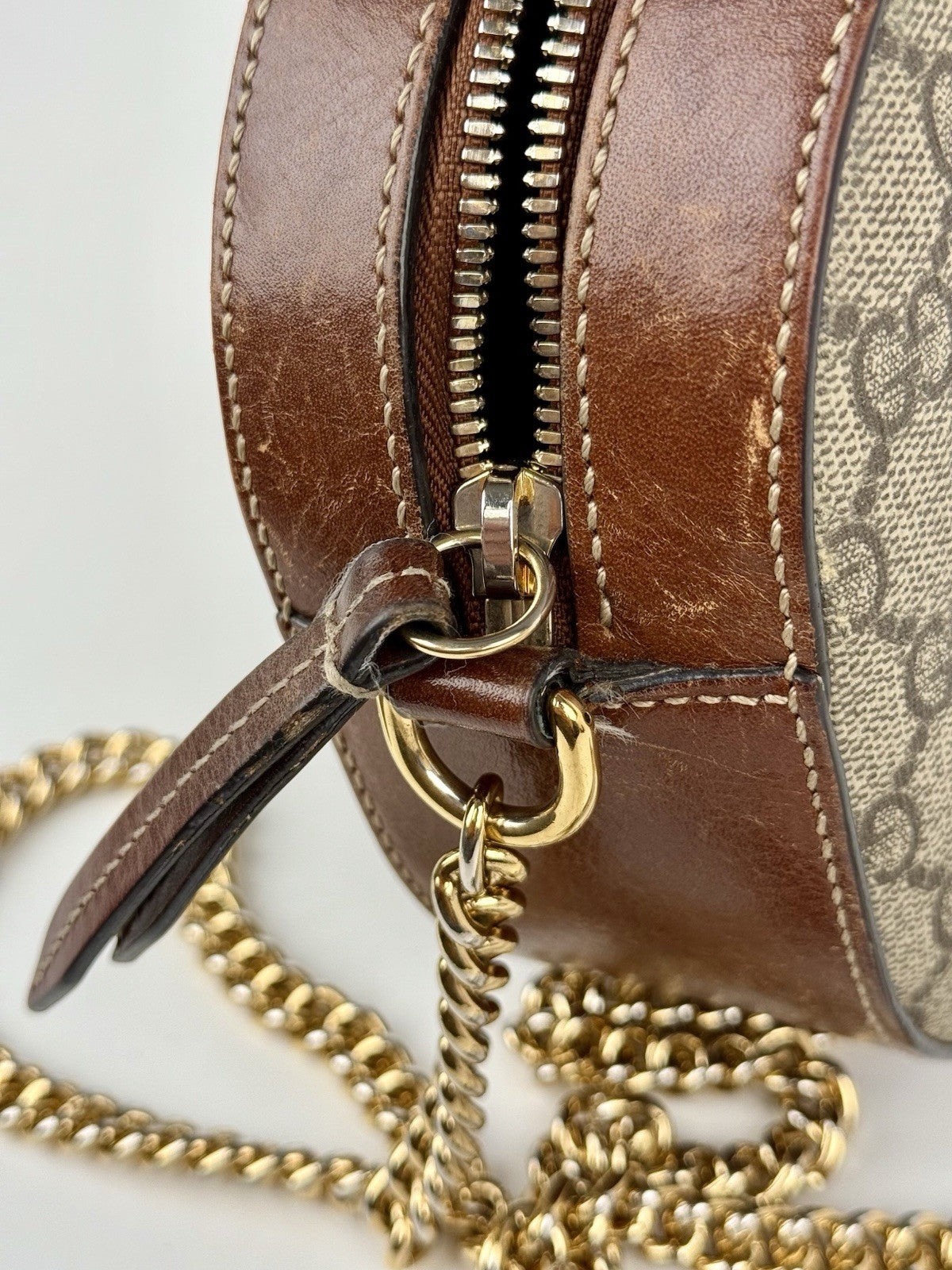 Gucci GG Supreme Monogram Cuoio Toscano Mini Chain Shoulder Bag Beige Ebony Cuir