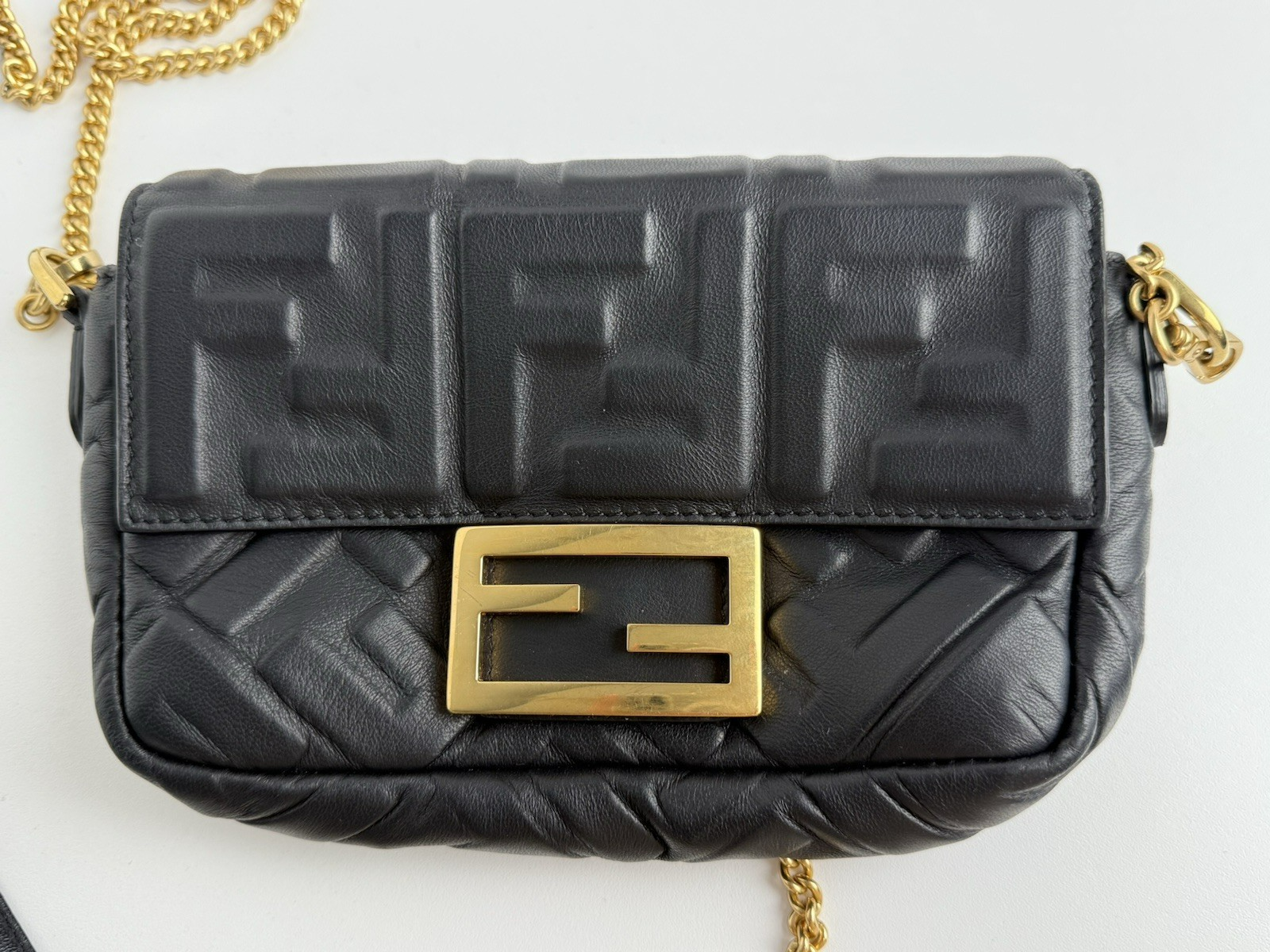Fendi Mini Zucca Embossed Black Leather Baguette Satchel
