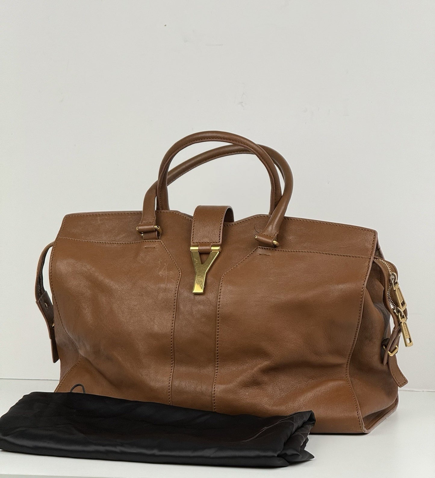 SAINT LAURENT Y Line Cabas Chic Handbag Women's Brown Leather Large