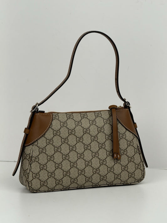 Gucci GG Supreme Monogram Textured Calfskin Emblem Shoulder Bag Beige Dark Brown