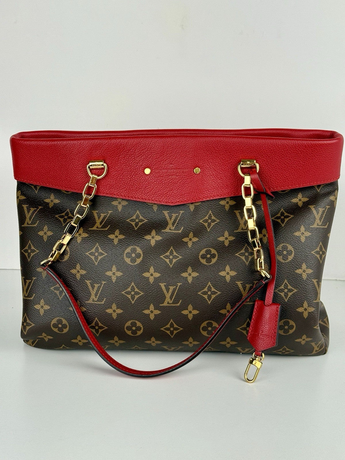 Louis Vuitton Bag Pallas Shopper Monogram Tote Brown/Red Canvas Leather