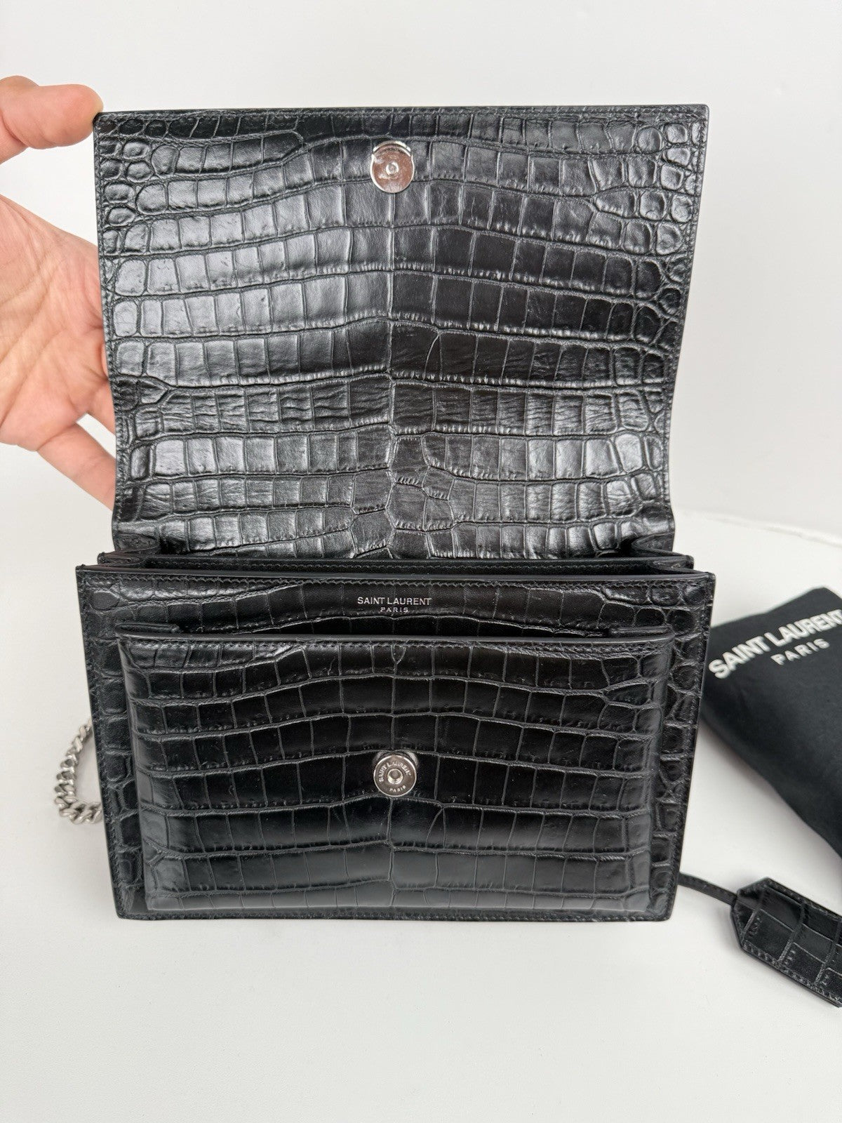 Saint Laurent Sunset Black Croc Leather Medium Chain Shoulder Bag