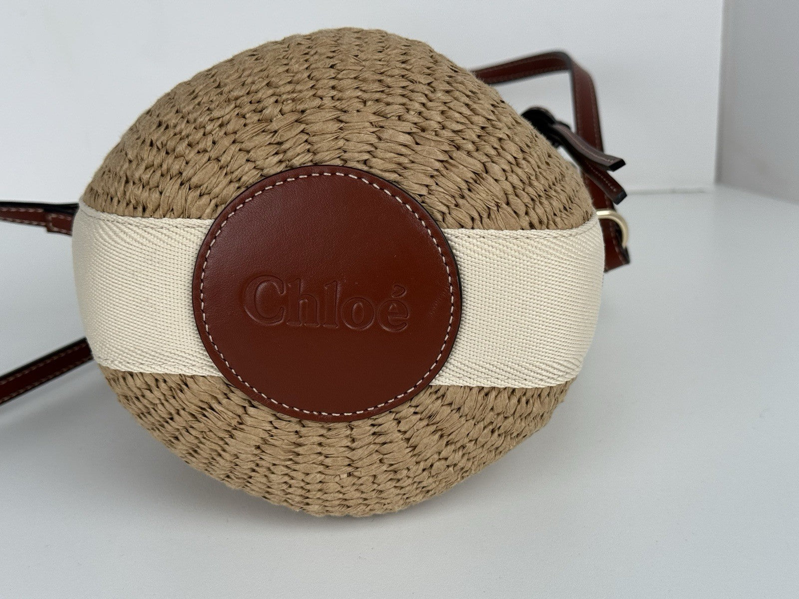 CHLOE Woody Small Raffia Basket Shoulder And Hand Bag 2 Way Canvas Leather