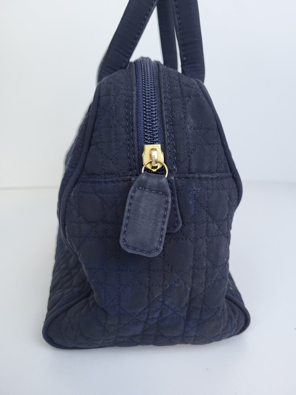 Dior Cannage Fabric Vintage Satchel Bag Navy Blue 