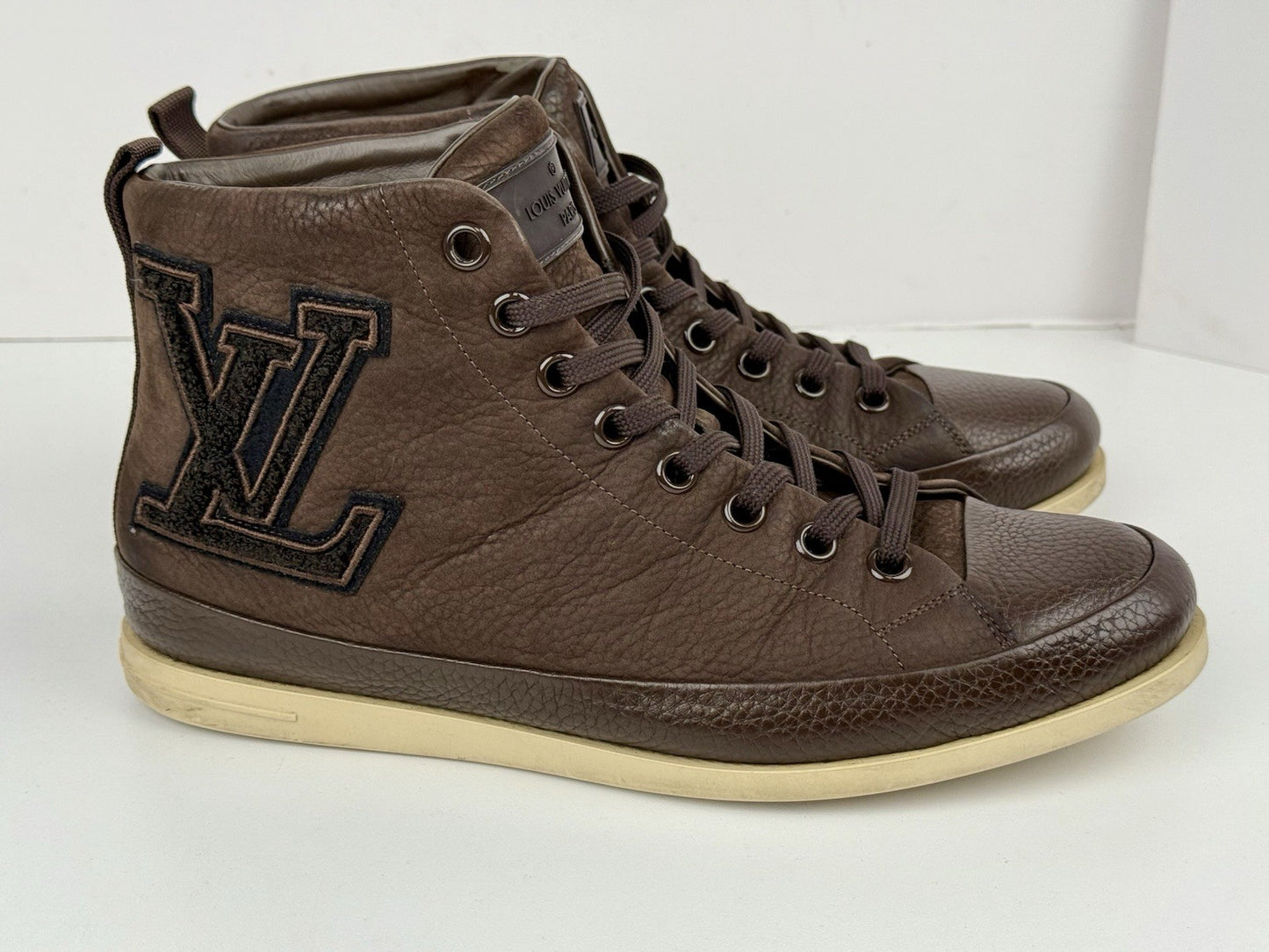 Louis Vuitton Brown Nubuck And Leather Embroidered Accent Men Sneakers LV Size 8