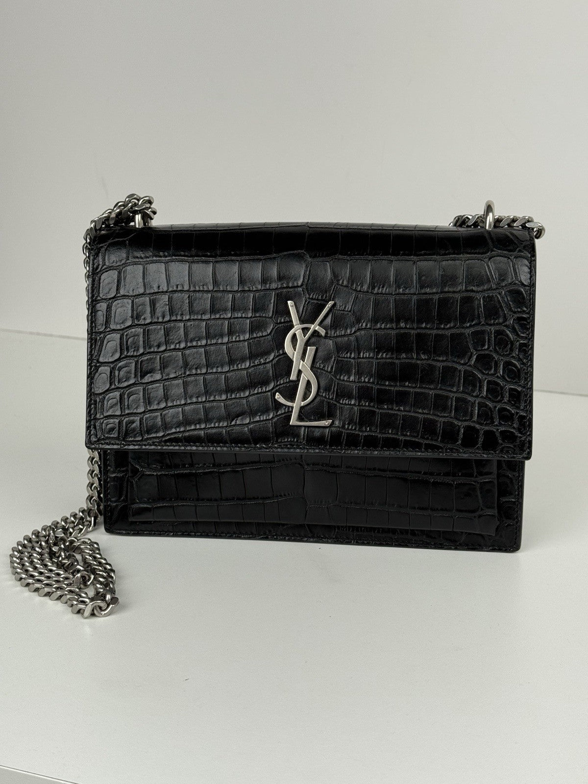 Saint Laurent Sunset Black Croc Leather Medium Chain Shoulder Bag