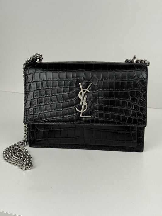 Saint Laurent Sunset Black Croc Leather Medium Chain Shoulder Bag