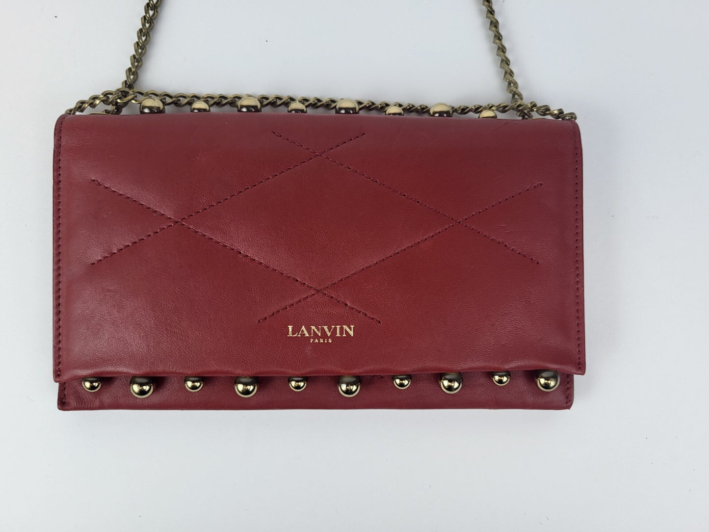 LANVIN Sugar Pearl Chain Strap Crossbody Shoulder Lambskin Wallet Purse - Red