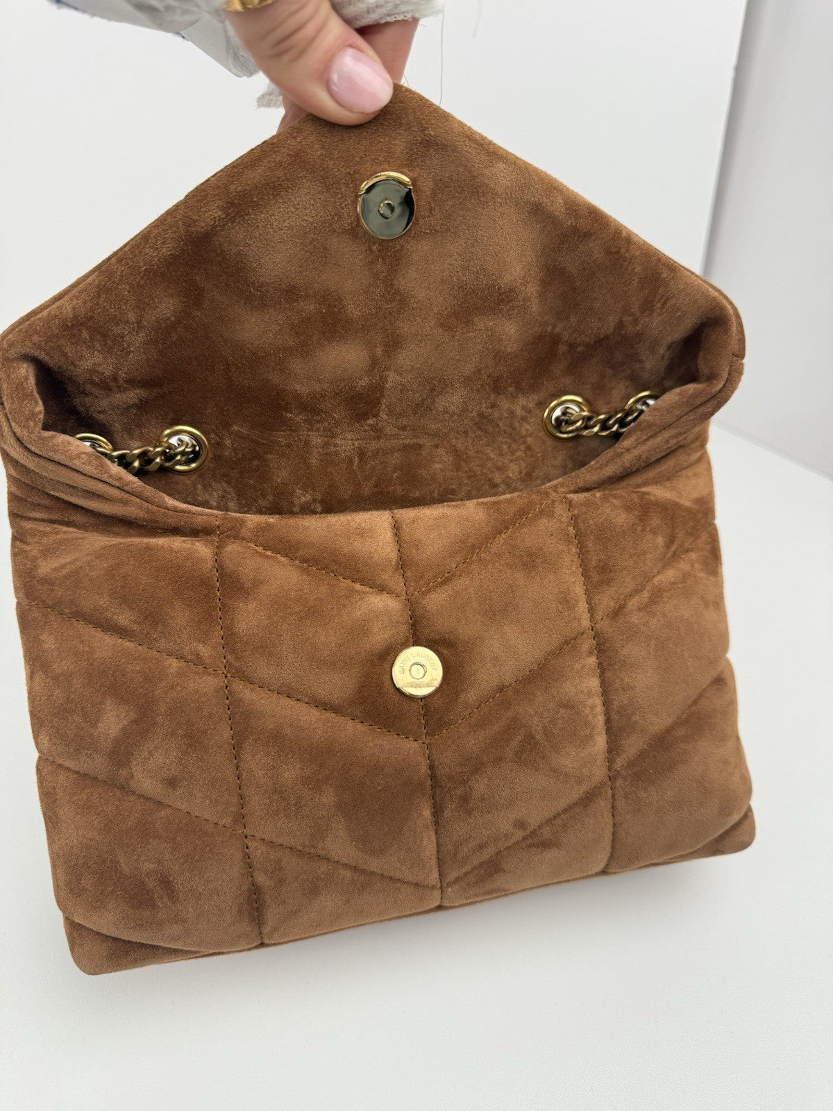 Saint Laurent Puffer Toy quilted leather-trimmed suede shoulder bag