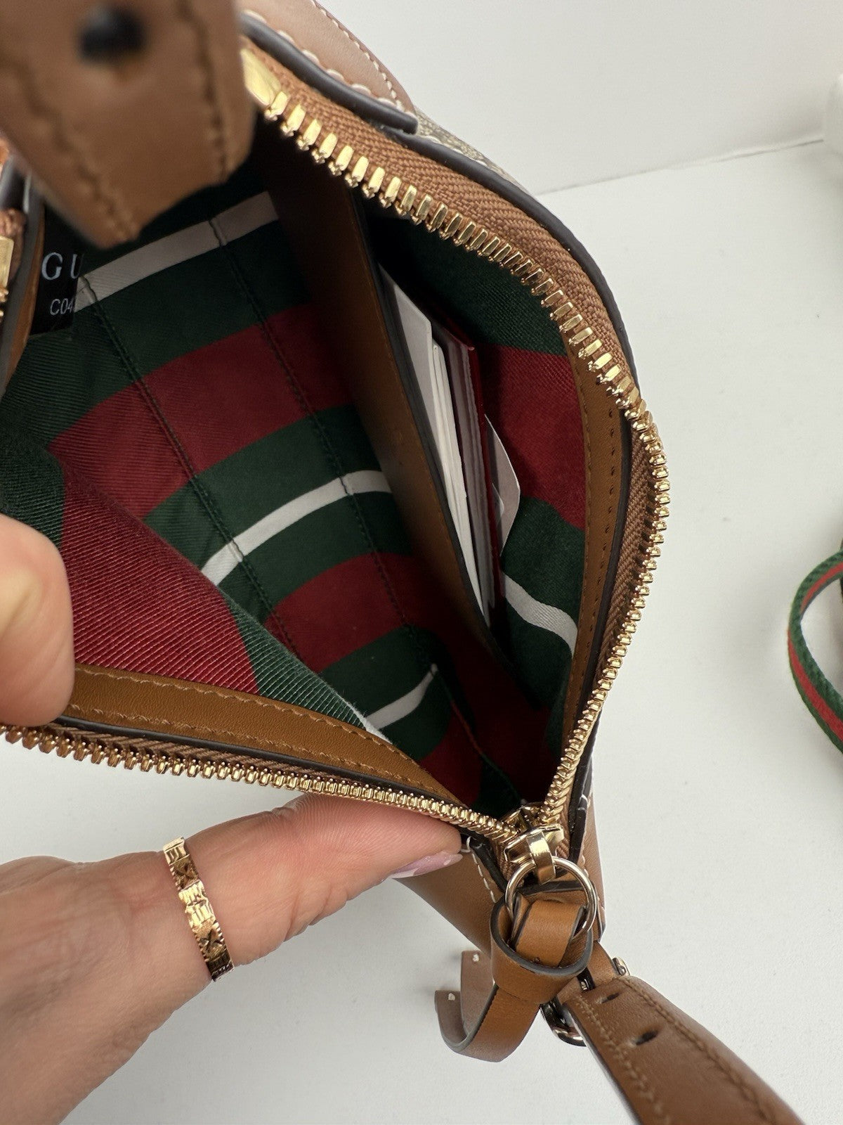 Gucci GG Supreme Monogram Textured Calfskin Emblem Shoulder Bag Beige Dark Brown