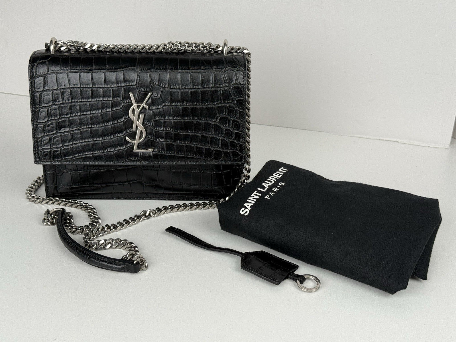 Saint Laurent Sunset Black Croc Leather Medium Chain Shoulder Bag