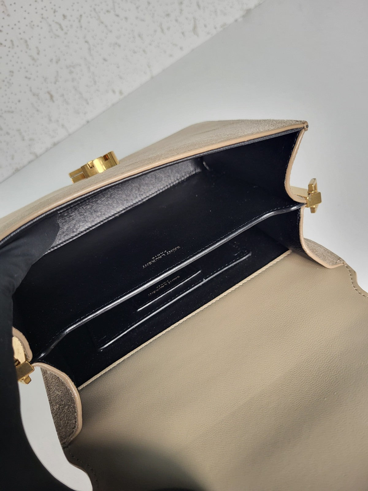 Saint Laurent Cassandra Top Handle Bag Leather and Suede Mini Beige