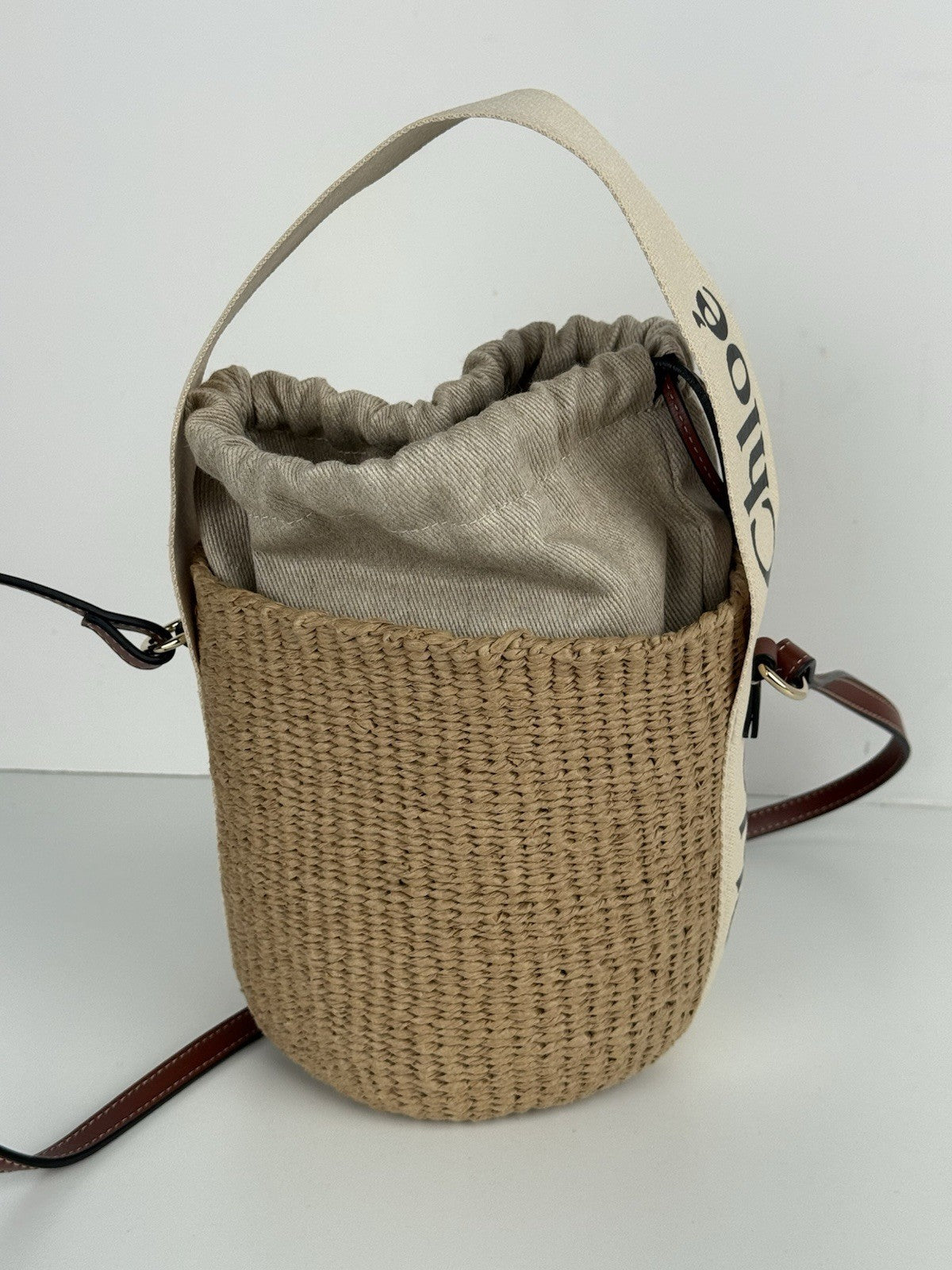 CHLOE Woody Small Raffia Basket Shoulder And Hand Bag 2 Way Canvas Leather