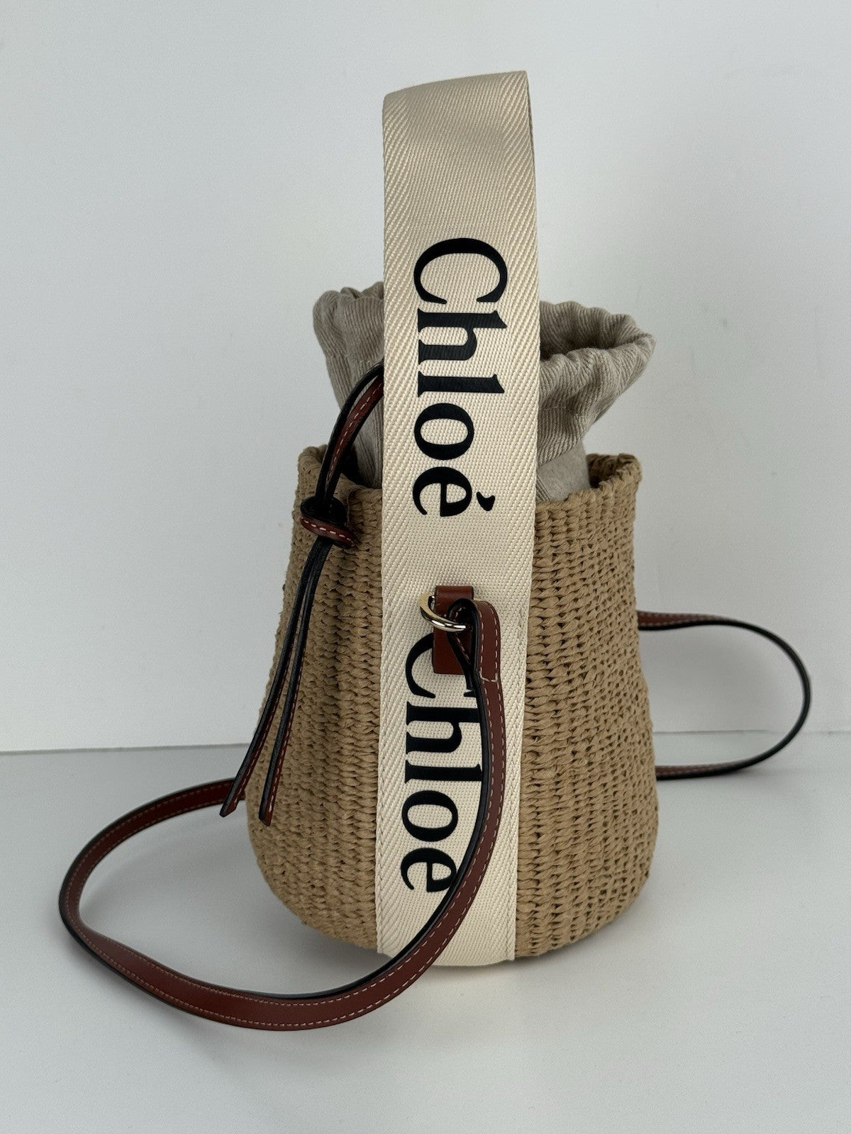 CHLOE Woody Small Raffia Basket Shoulder And Hand Bag 2 Way Canvas Leather