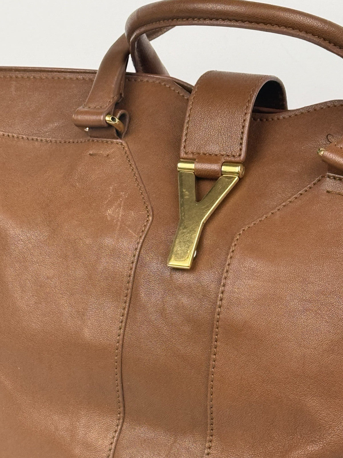 SAINT LAURENT Y Line Cabas Chic Handbag Women's Brown Leather Large