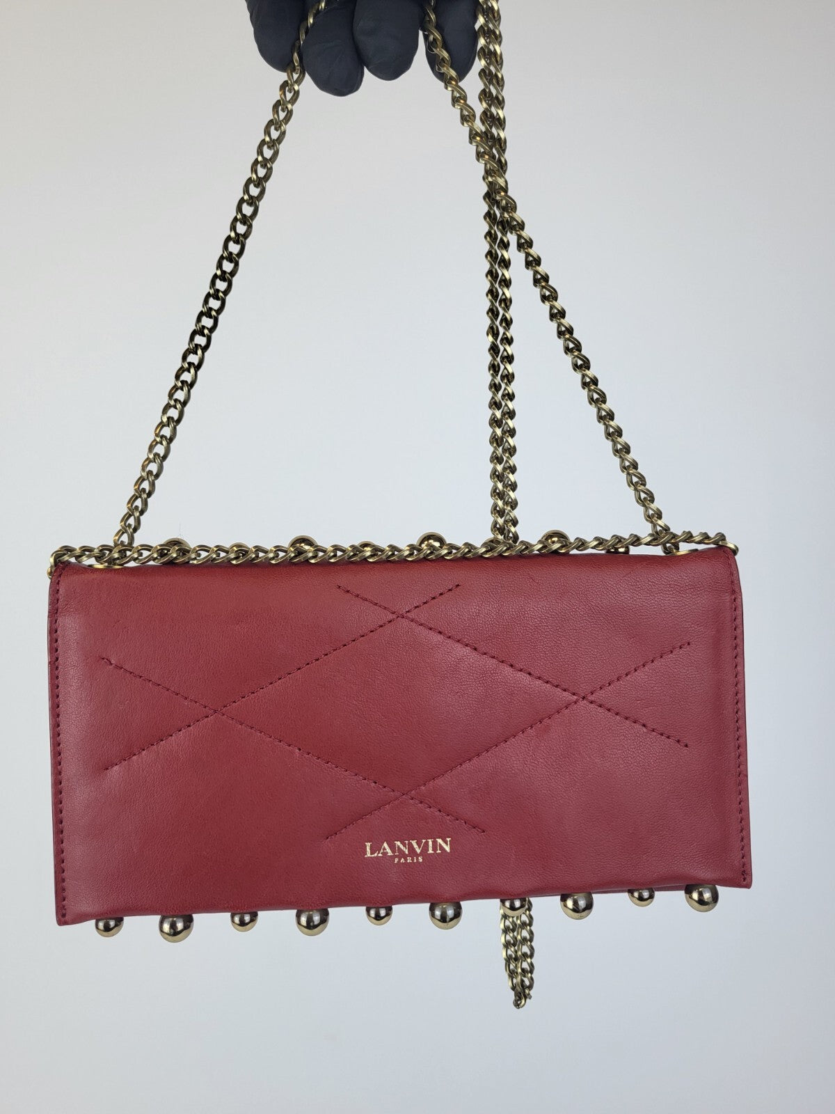 LANVIN Sugar Pearl Chain Strap Crossbody Shoulder Lambskin Wallet Purse - Red