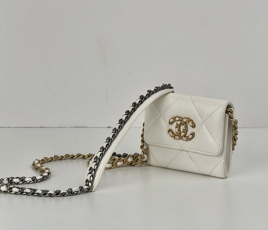 Chanel Lambskin Quilted Chanel 19 Flap Coin Purse With Chain White