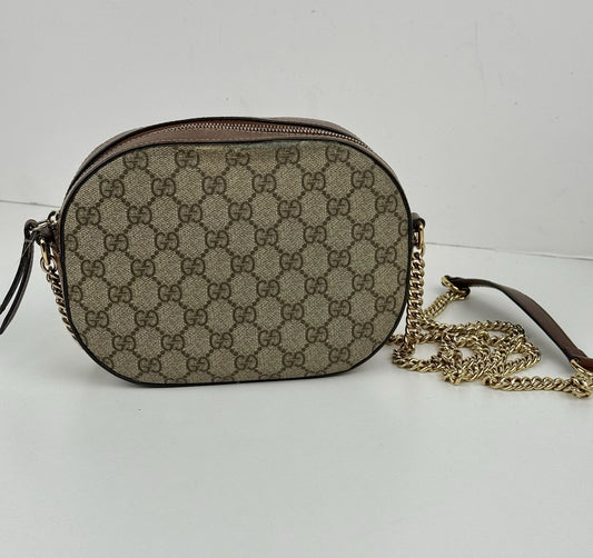 Gucci GG Supreme Monogram Cuoio Toscano Mini Chain Shoulder Bag Beige Ebony Cuir