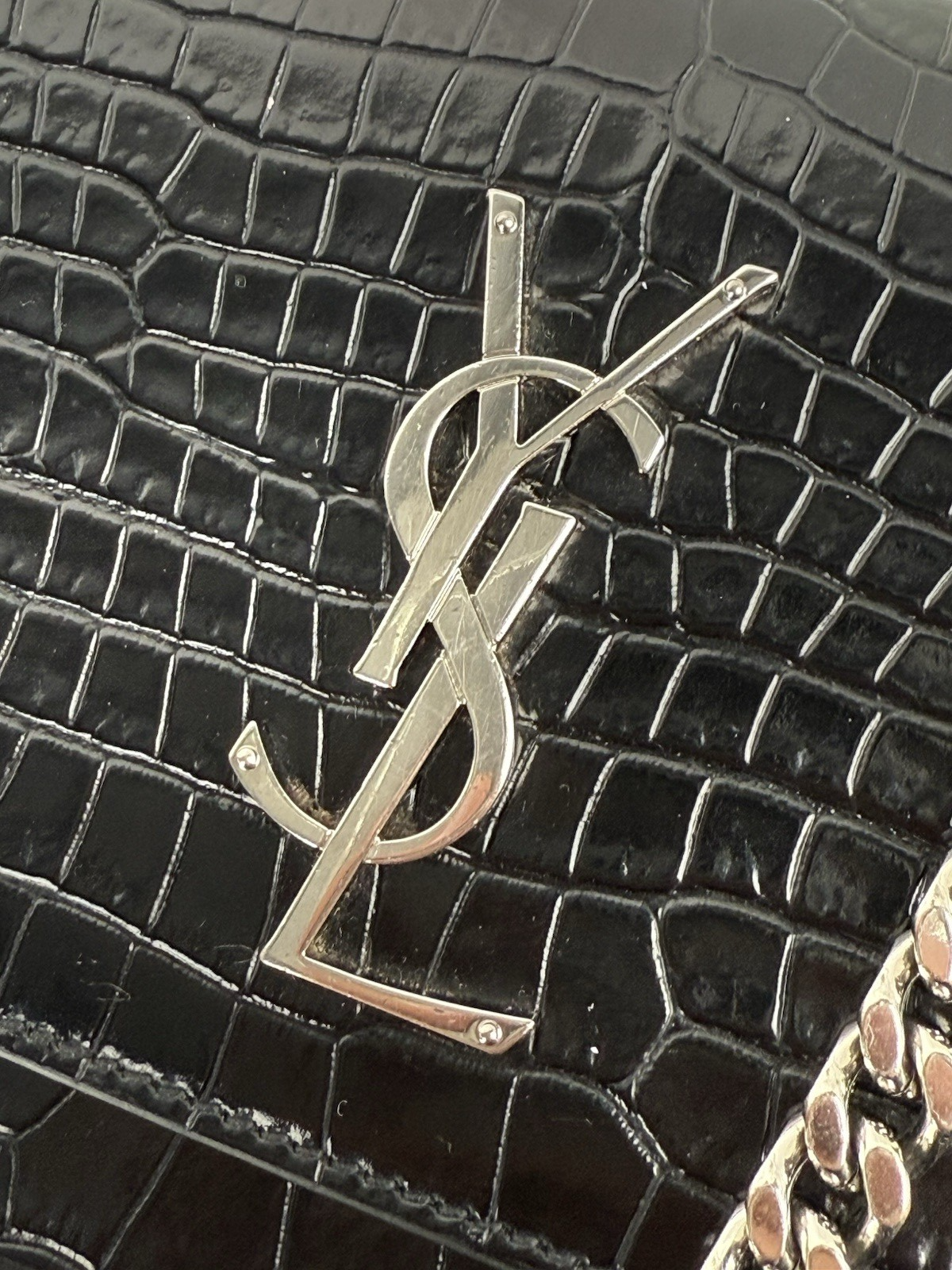 Saint Laurent Sunset Black Shiny Crocodile Embossed Leather Shoulder Bag