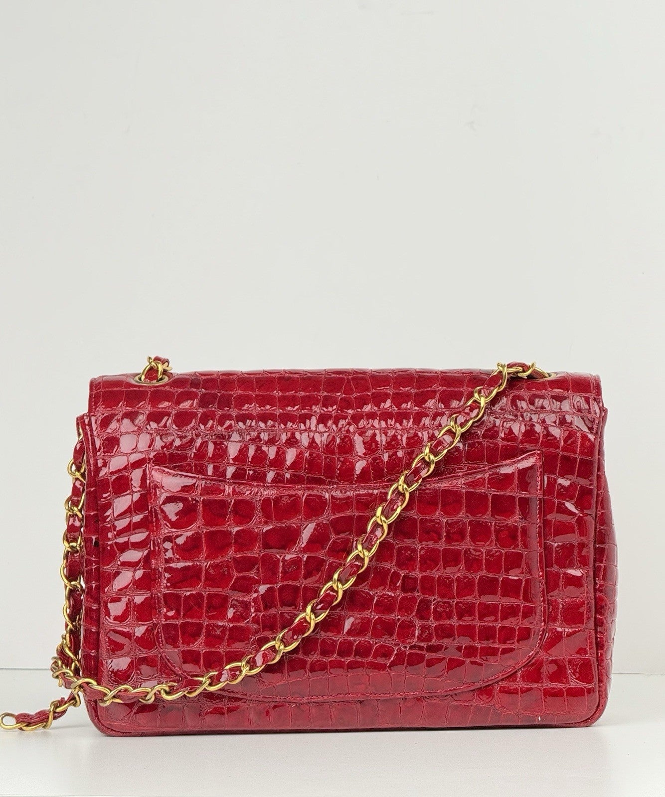Chanel Vintage Patent Embossed Red Leather Flap Bag Maxi