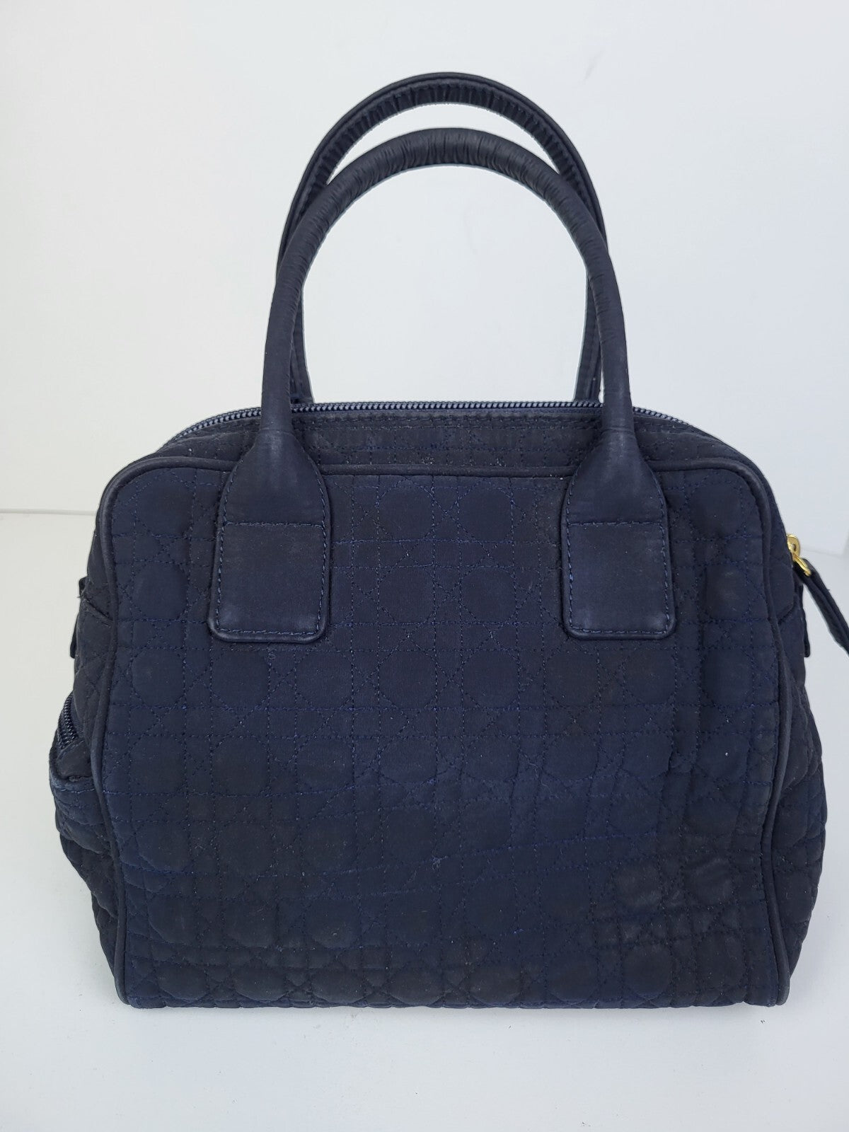 Dior Cannage Fabric Vintage Satchel Bag Navy Blue 