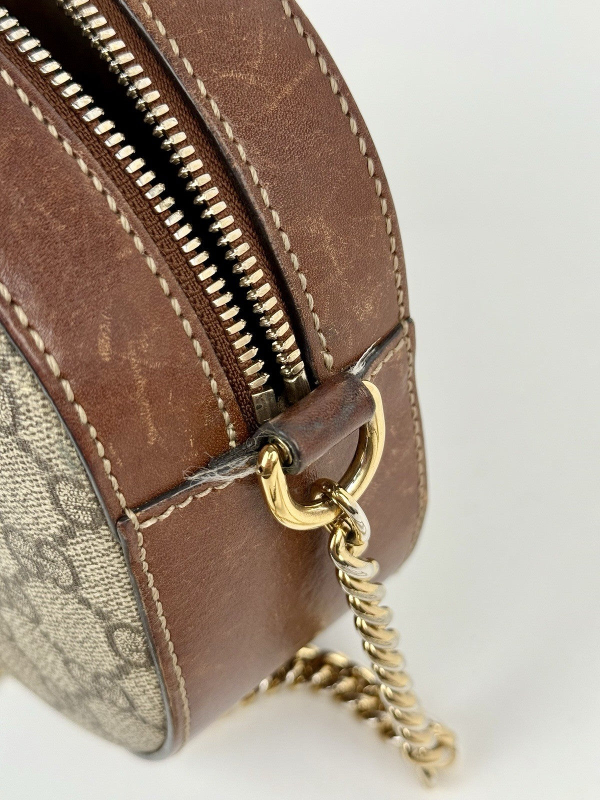 Gucci GG Supreme Monogram Cuoio Toscano Mini Chain Shoulder Bag Beige Ebony Cuir