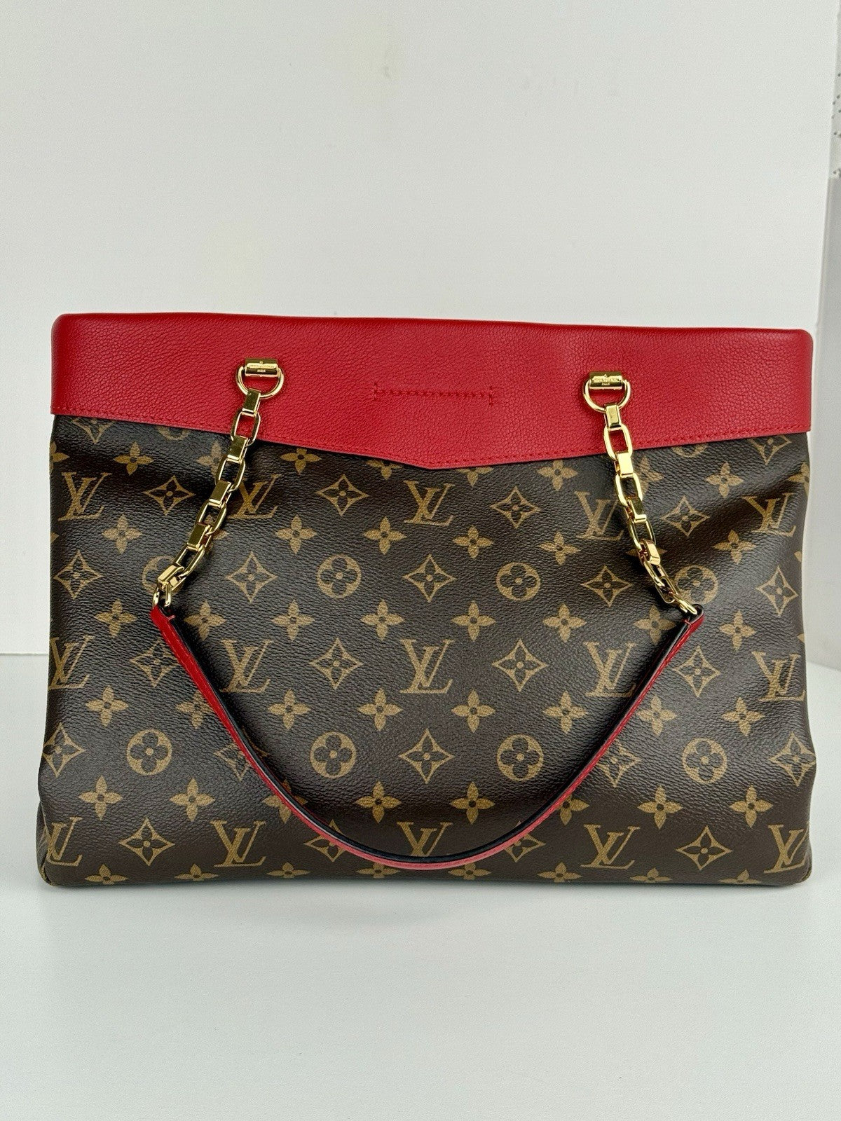Louis Vuitton Bag Pallas Shopper Monogram Tote Brown/Red Canvas Leather