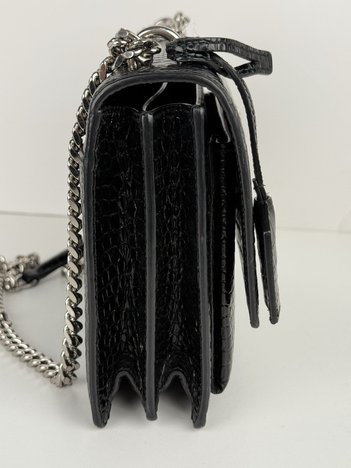 Saint Laurent Sunset Black Shiny Crocodile Embossed Leather Shoulder Bag