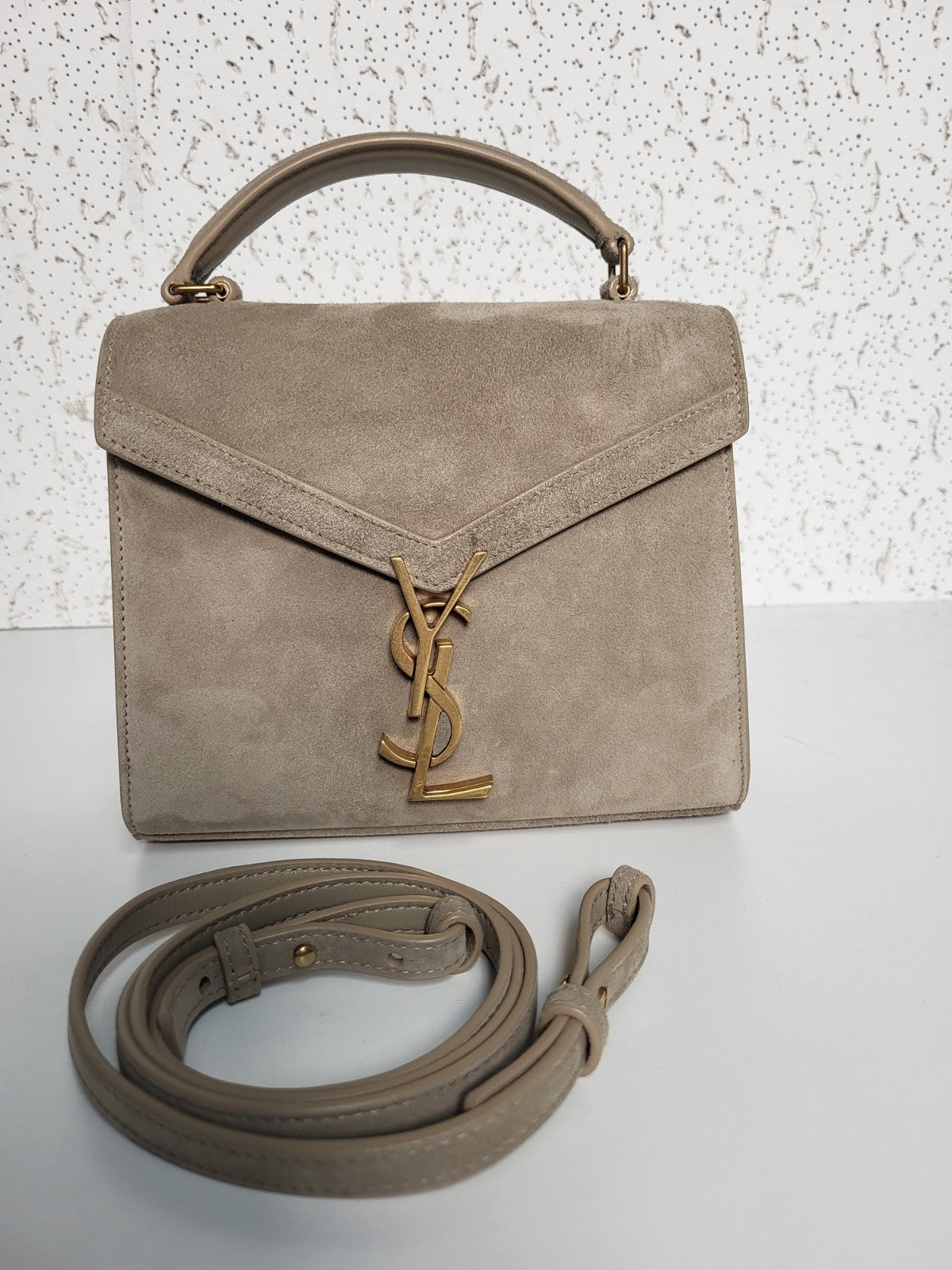 Saint Laurent Cassandra Top Handle Bag Leather and Suede Mini Beige