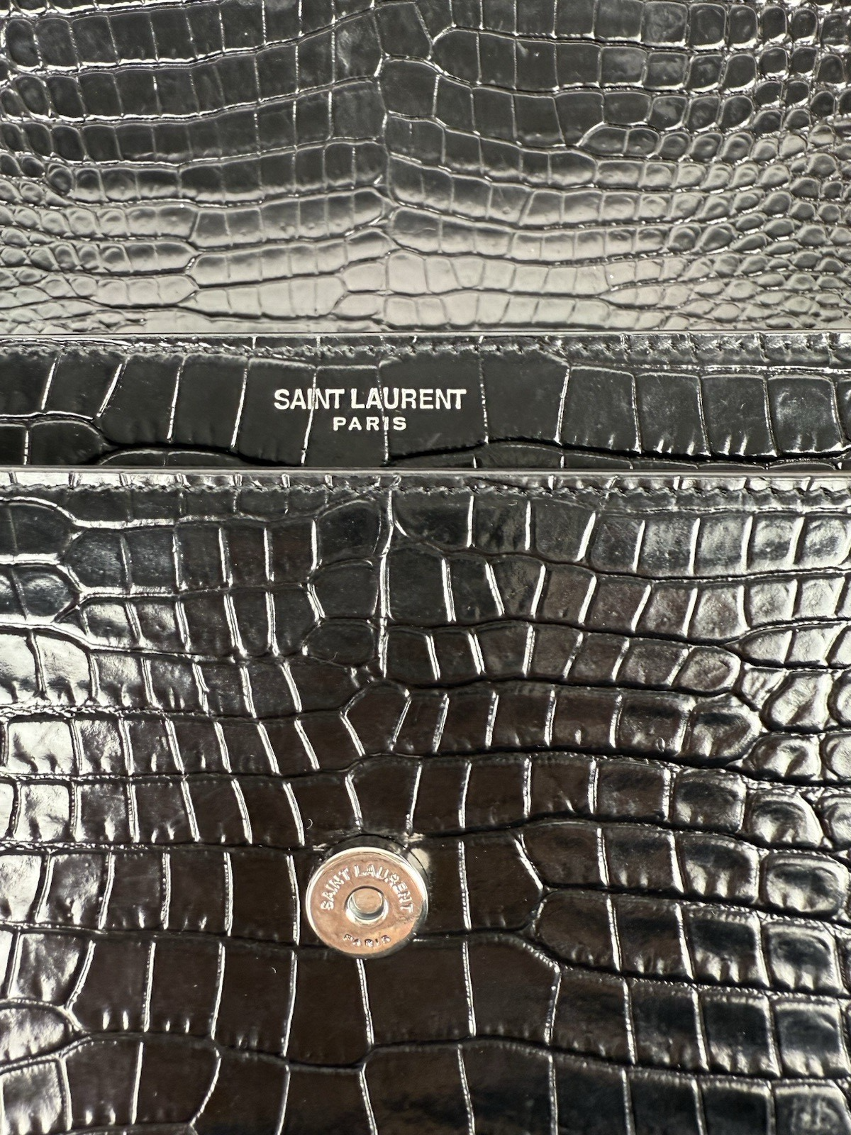 Saint Laurent Sunset Black Shiny Crocodile Embossed Leather Shoulder Bag