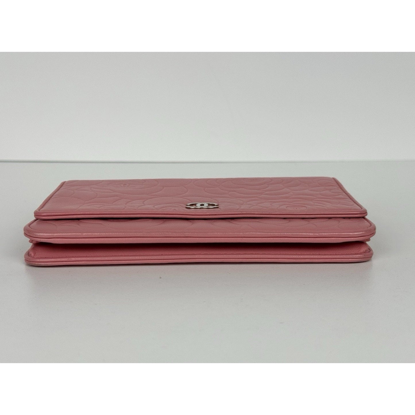 Chanel Camellia Wallet on Chain Pink Embossed Lambskin Silver Hardware B-9