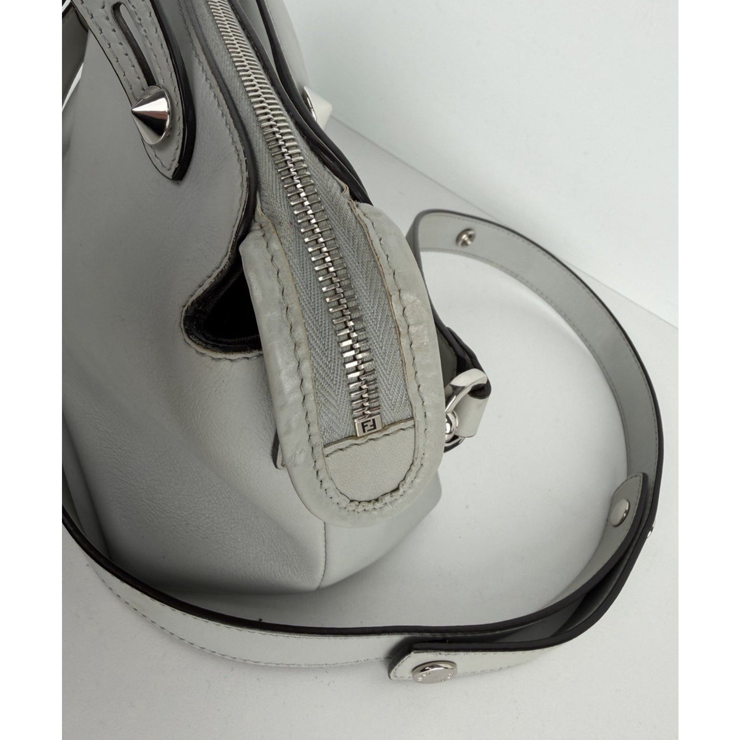 Fendi By The Way Medium Satchel Bag in Gray Leather with Studded Details S01
